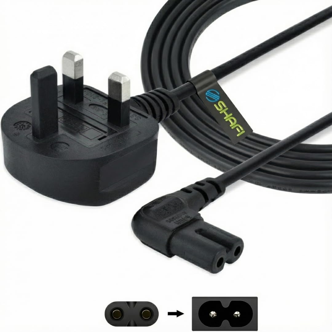 SHAFI? 2-Pack 5-Meter Figure 8 Power Lead - Certified 90-Degree Right Angle 2-Pin IEC-C7 Cord - 3-Pin UK Plug 3A Fuse - Compatible PS5 Power Cable UK