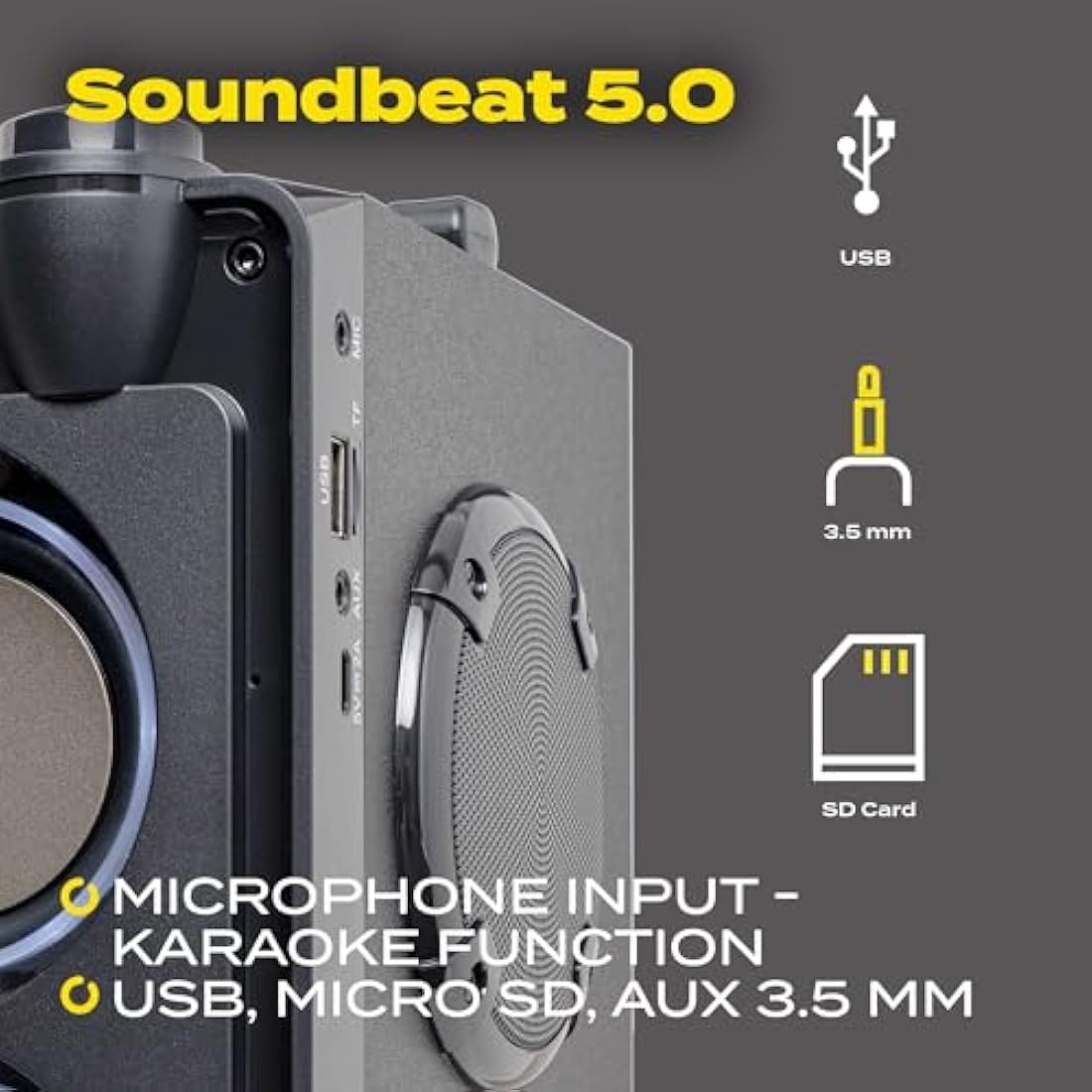 Overmax Soundbeat 5.0 Bluetooth Speaker 20W RMS Crystal Clear Sound, Built-in FM Radio, USB, SD, AUX Playback, LED Lighting, Karaoke Feature, Long-Lasting 3600mAh Battery Up to 9 hrs, Remote Control