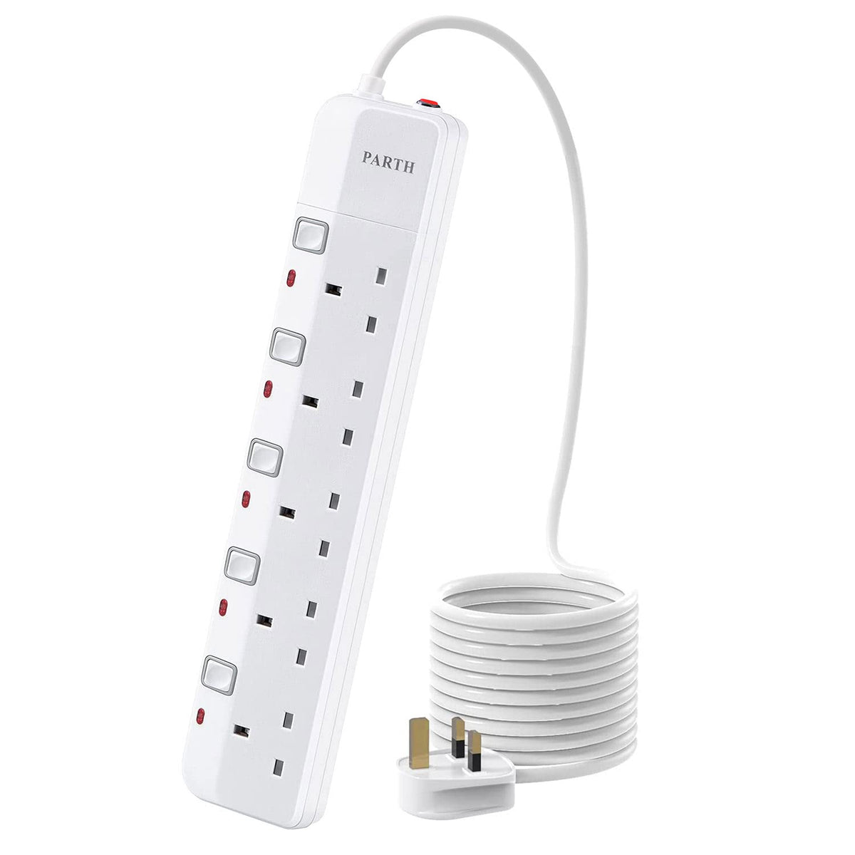 PARTH 3M Surge Protected Extension Lead With Switches 5 Way Sockets Extension Lead UK Power Strip With 3 Metre Extension Cord Wall Mounted 5 Gang Plug