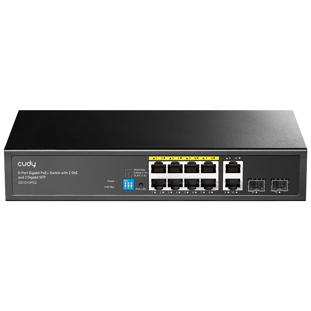 Cudy 8 Gigabit Ethernet Unmanaged PoE+ Switch, 120W, 8 Gigabit PoE+, 2 SFP, 2 Uplink Ports, VLAN/ Extend Mode, 802.3af/at, GS1010PS2
