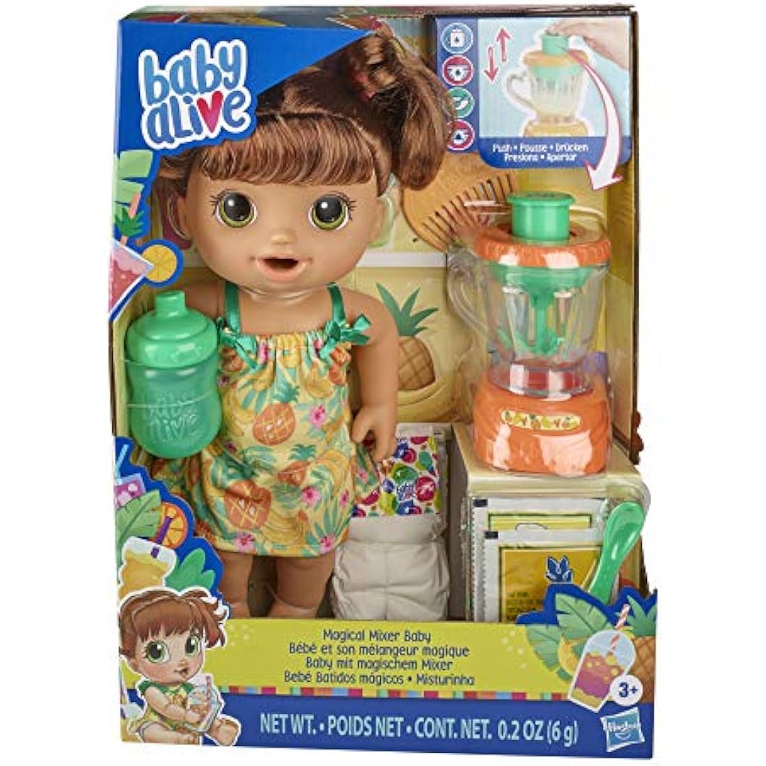 Baby Alive Magical Mixer Baby Doll Tropical Treat with Blender Accessories, Drinks, Wets, Eats, Brown Hair Toy for Children Aged 3 and Up