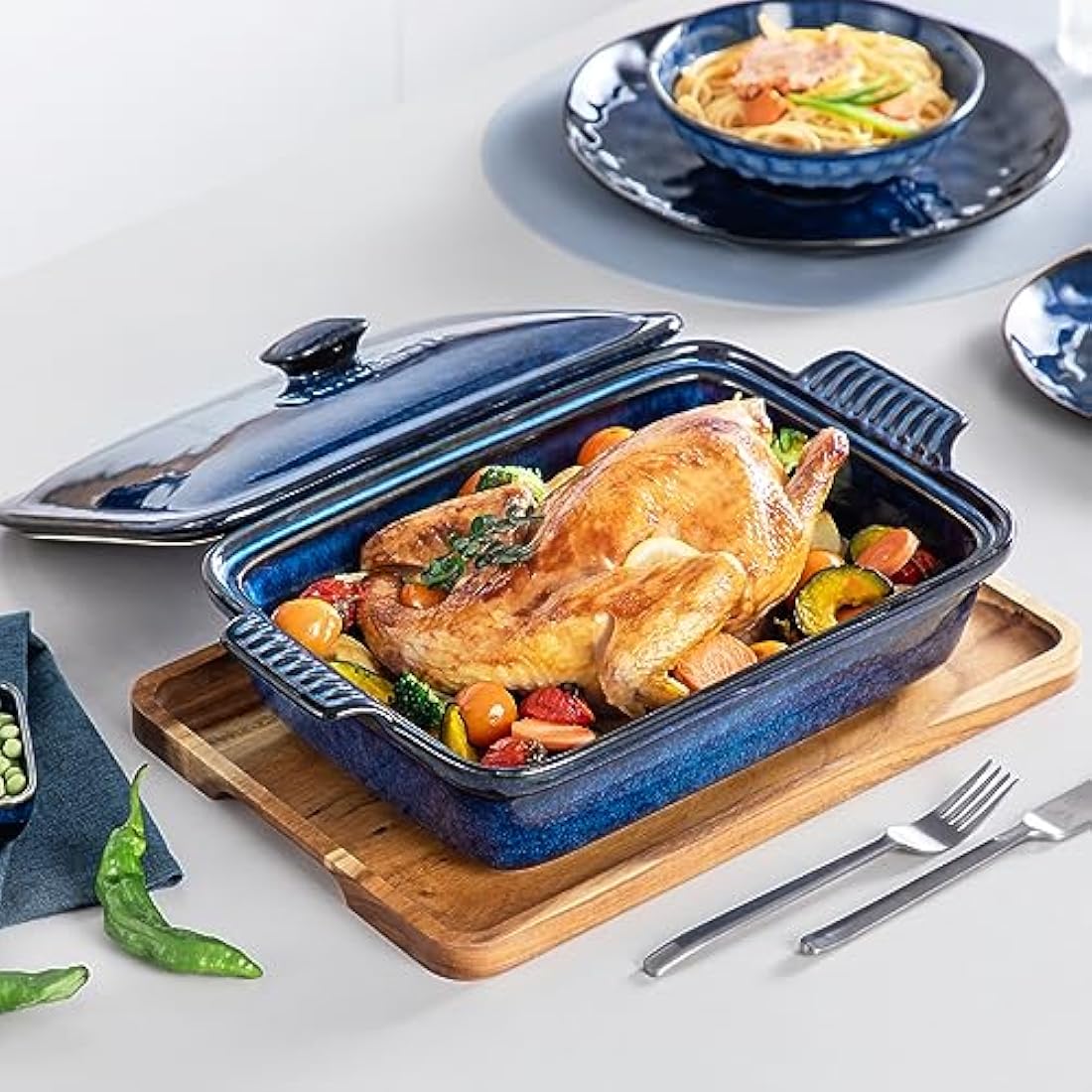 vancasso Starry 3.8 Quart Casserole Dish, Large Lasagna pan with lid, 9x13 inch Stoneware Casserole with lid, Microwave Safe, Blue