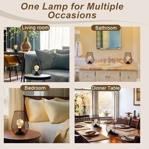 TRIROCKS Metal Cordless Table Lamp 20cm Tall Set of 2 Cage Shape Battery Operated Lanterns with Fairy Lights Bulb for Indoor/Outdoor Use Perfect for Christmas Garden Weddings Events (Black)