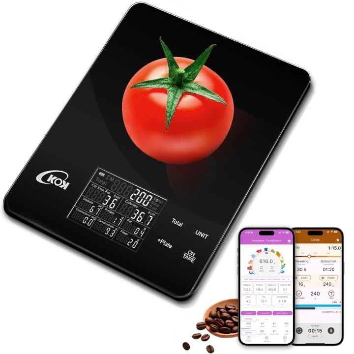 KOK Digital Kitchen Scales with Nutritional Calculator, Smart Calorie Scale with App for Tracking Protein, Carbohydrates for Weight Loss, Diabetics,