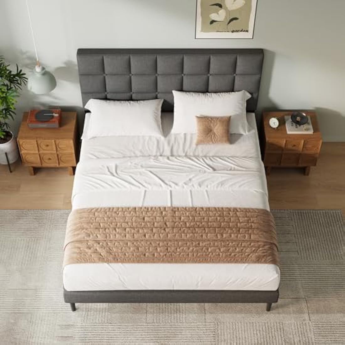 Yocreat Double Bed Frame, Easy Assembly, Sturdy Wooden Slat Support, Upholstered Platform with Headboard, No Box Spring Needed, Gray Double Bed 135×190