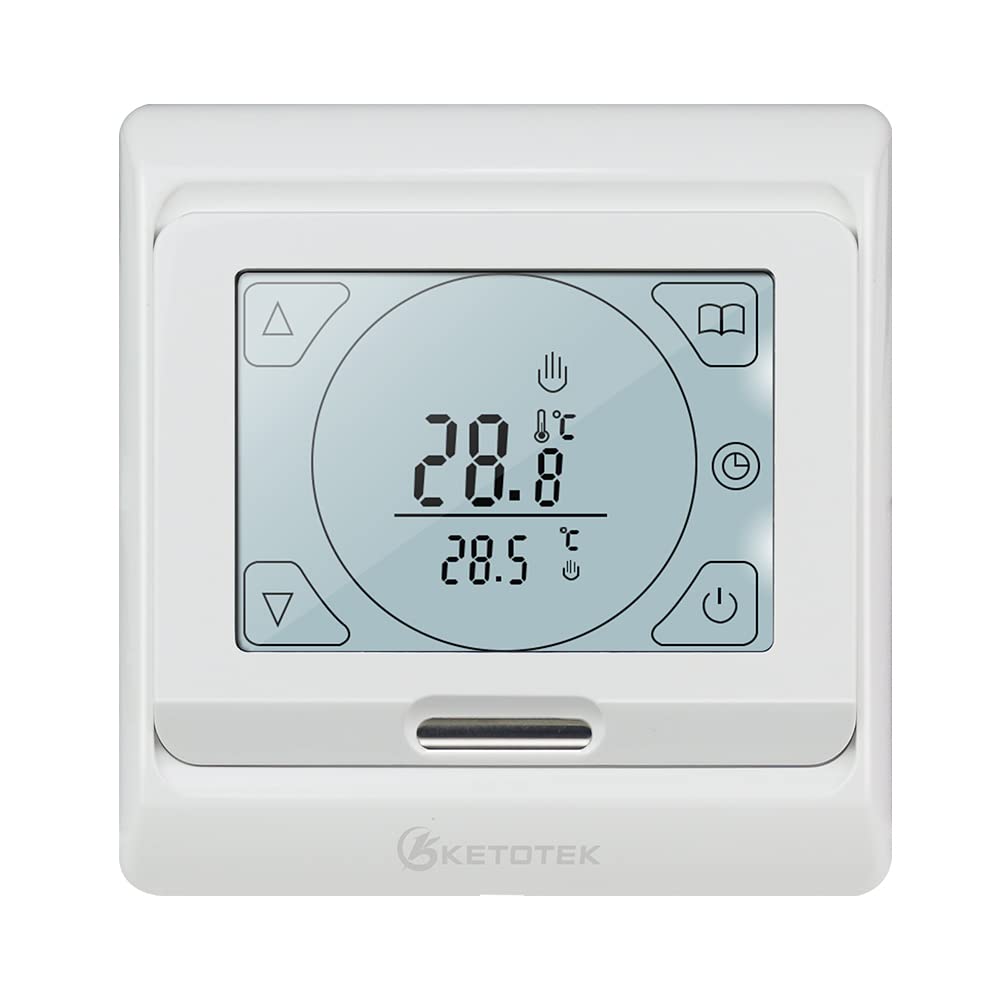 KETOTEK Electric Underfloor Heating Thermostats Programmable 16A, Digital Room Thermostat for Under Floor Heating with External Sensor Probe LCD Touch