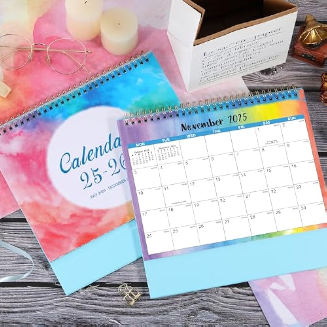 Calendar 2025-2026 - Desk Calendar 2025-2026 uk, 18 Months Calendar from July 2025 to December 2026, 10" x 8.3", Memo Pages - Rainbow Watercolor Ink