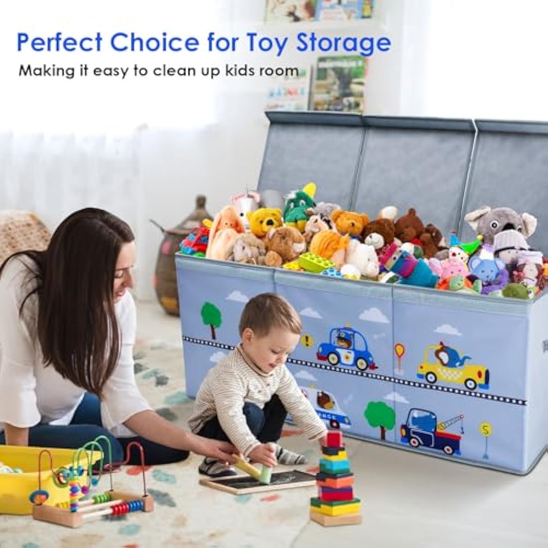 Decalsweet Extra Large Kids Toy Storage Box with Lid,Foldable Oxford Toy Storage Organizer Box for Boys-96×32×40cm-Toy Chest with Handles for Bedroom Nursery,Animal Car
