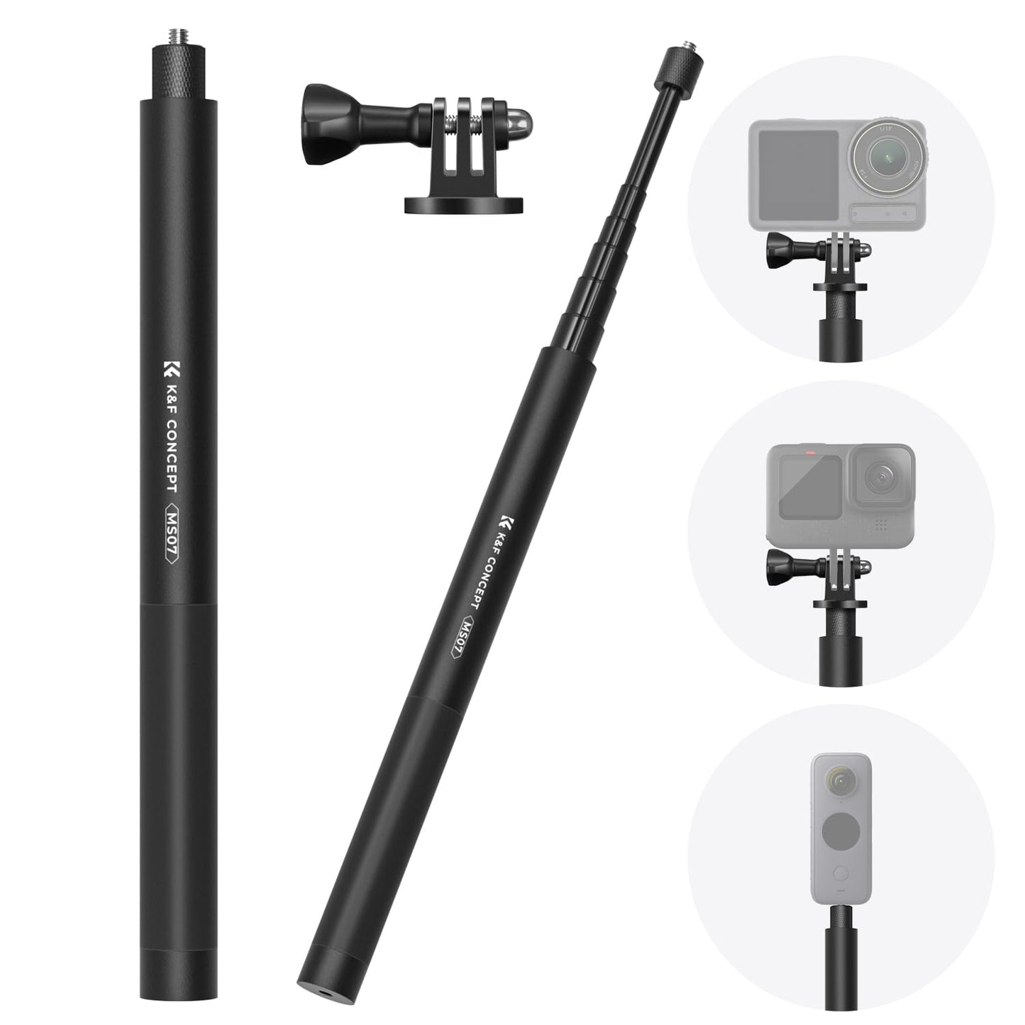 K&F Concept 153cm/60" Invisible Selfie Stick compatiable with GoPro hero 13, Insta360 x5, DJI Osmo Action 5, 1/4" Extended Monopod Pole with Action