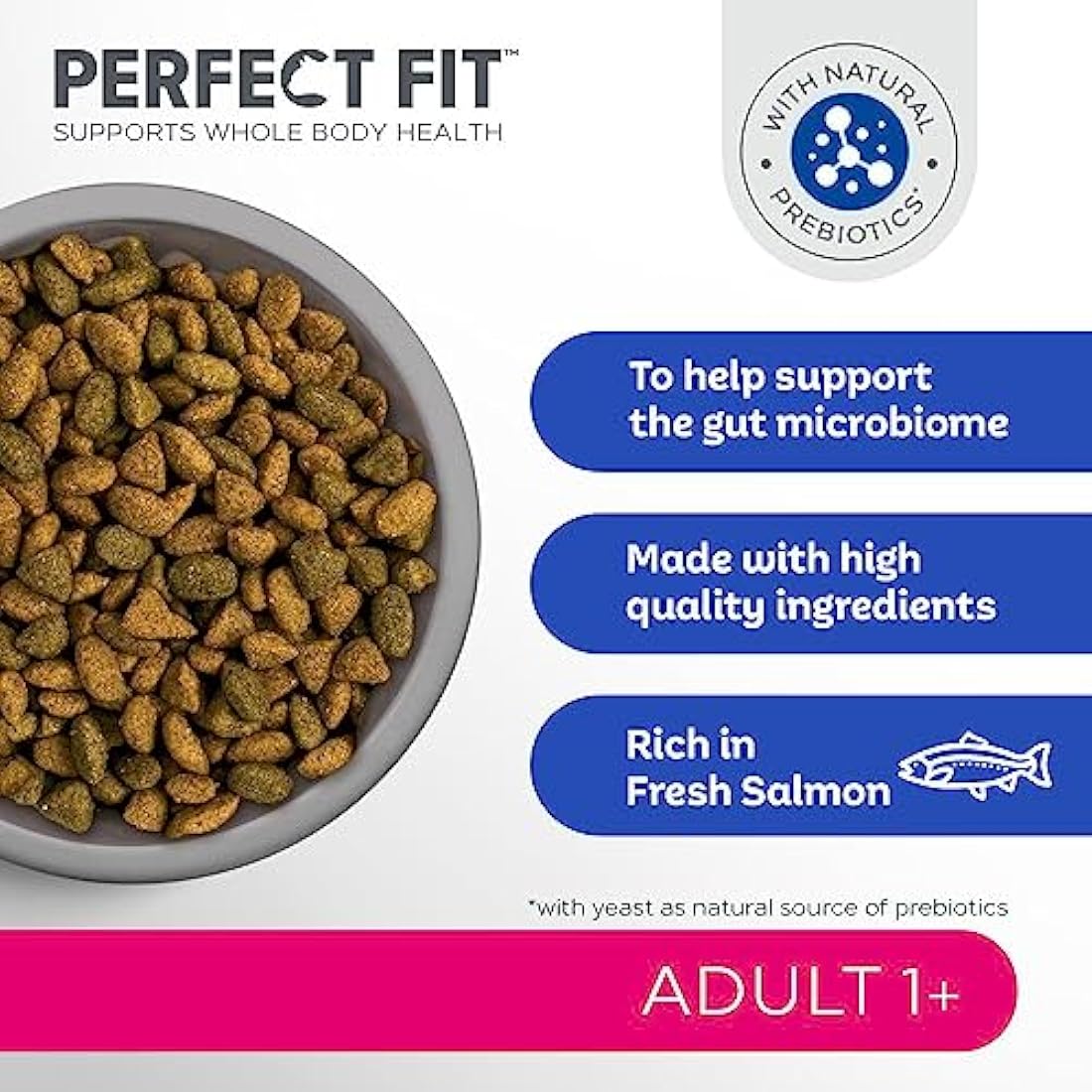 Perfect Fit Adult 1+ Complete Dry Cat Food for Adult Cats Aged 1+ Years, Rich in Salmon, 3 Bags (2.8 kg)