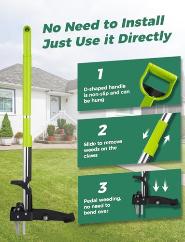 YISSVIC Mechanical Weed Puller Tool - Stainless Steel 4-Claw with Foot Pedal, Telescopic Root Remover for Garden, Stand-up Design (Green)