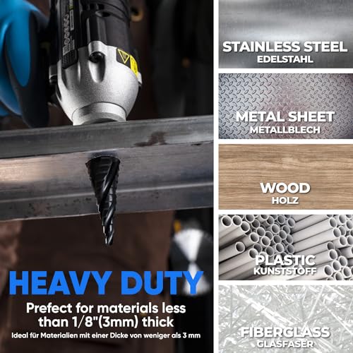 toolant Four Spiral Flute Cobalt Step Drill Bit(Pro Max), 4-32mm Impact Ready Four Spiral Flutes Unibit Step Bit, 1/4" Hex Shank Unibit for Metal, Stainless Steel, Aluminum, Wood, Plastic