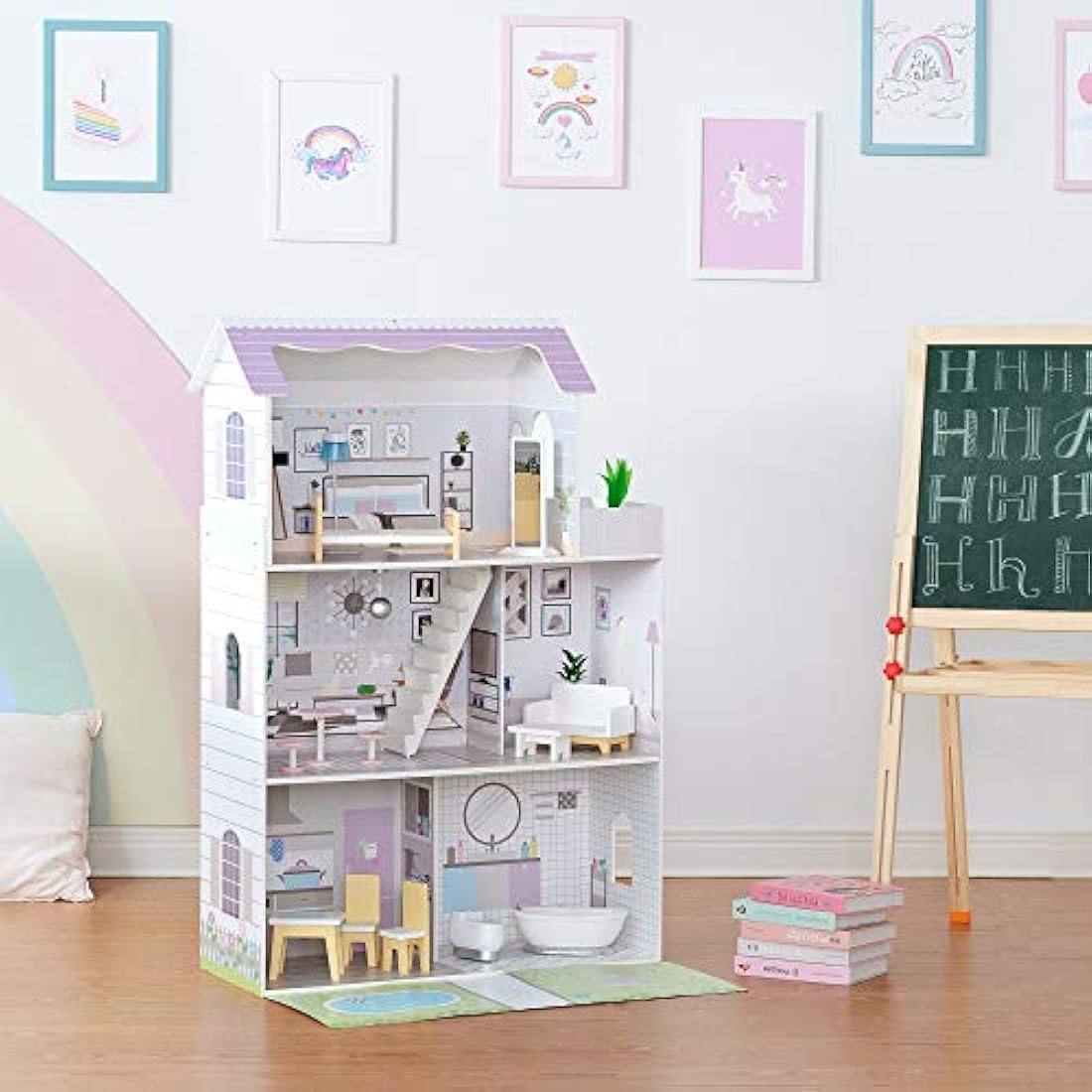 Olivia's Little World Lavender Grand 3-Story Wooden Doll House with Balcony and 16-pc. Accessory Set for 12" Dolls, White with Lavender accents
