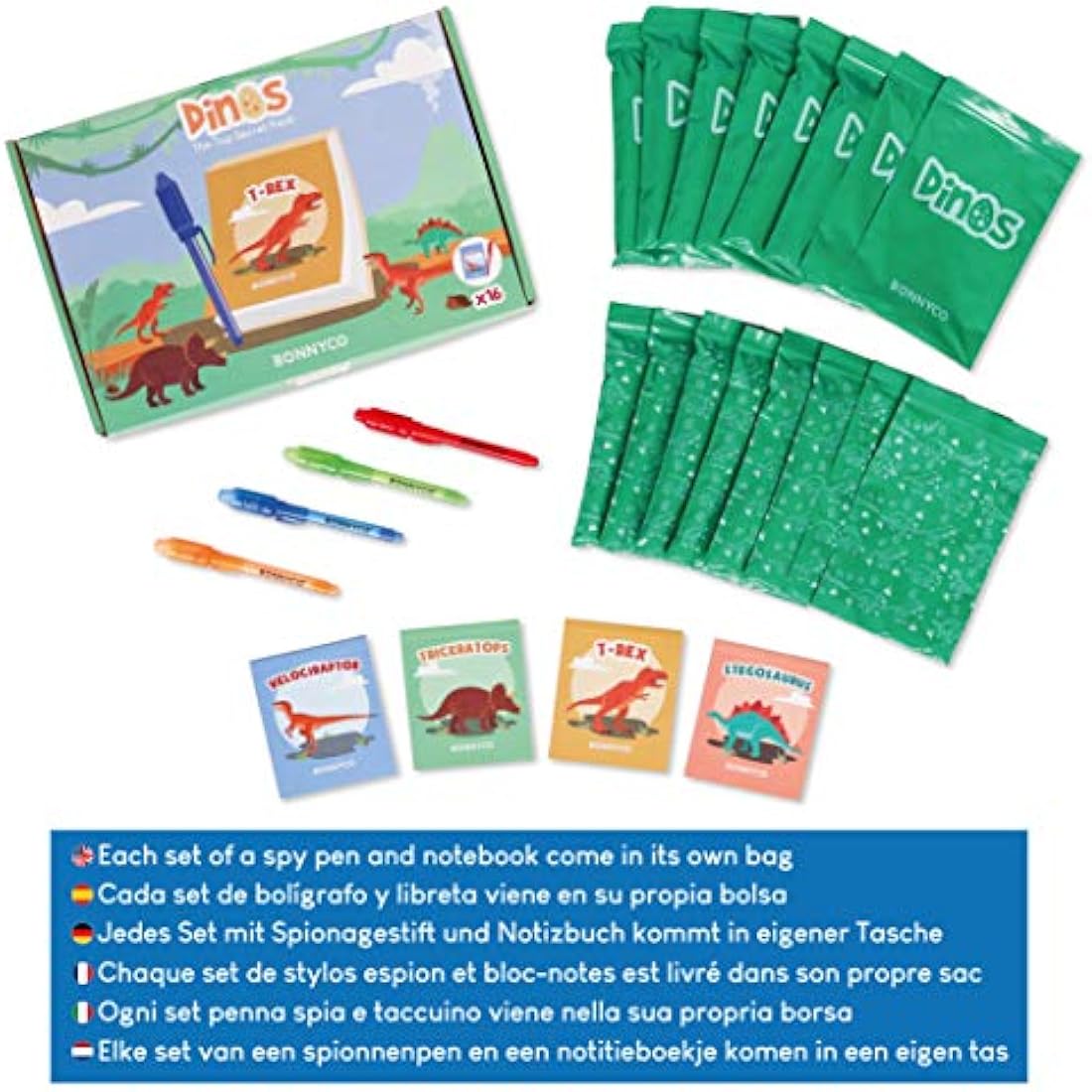 BONNYCO Invisible Ink Pen and Notebook, Pack 16 Dinos Party Bags Filler & Pinata Toys | Dinos Birthday Decorations | Stocking Fillers for Kids Birthday | School Prizes & Gifts for Children