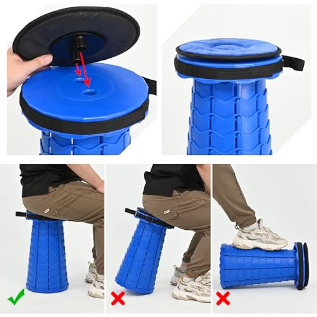 FXKS 2 Pack Folding Stool with Cushion,Retractable Portable Telescop Stool Max Load Capacity 400lbs, Lightweight Collapsible Stools for Fishing Camping Hiking Outdoor BBQ -Blue