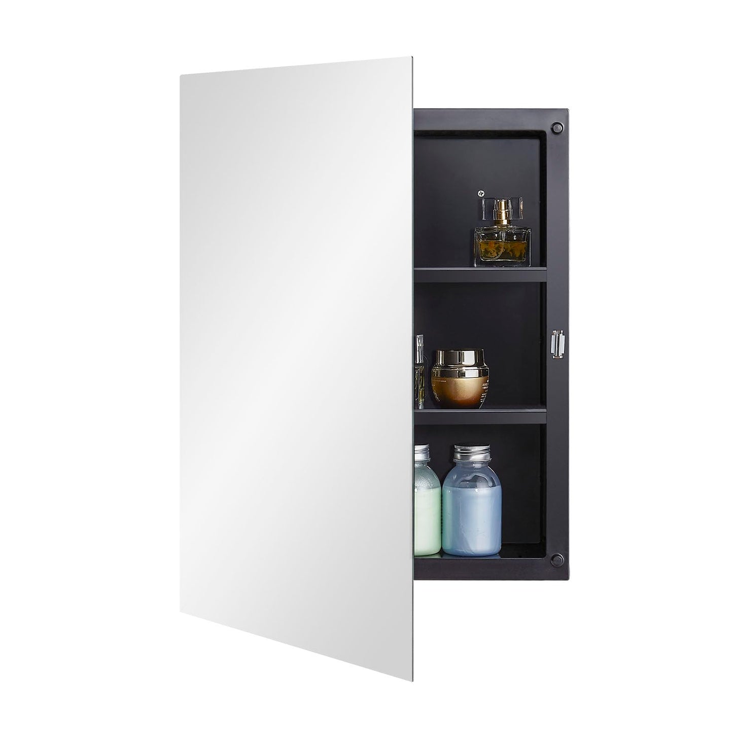 Fundin Black Plastic Mirror Cabinet with Polished Edge Mirror Door, Recessed and Surface Mount, 40 x 56 cm