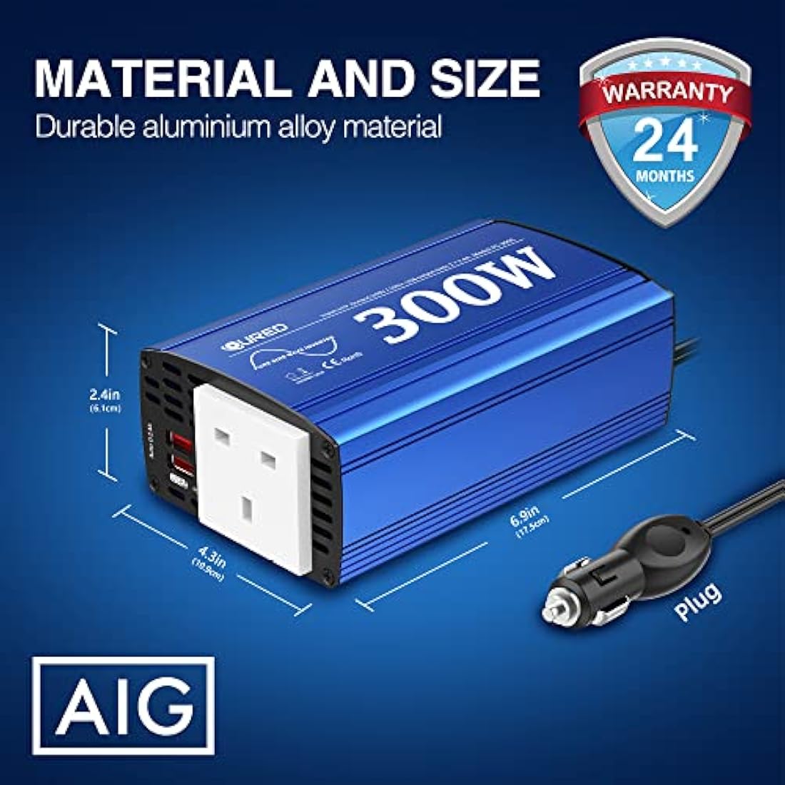 GIANDEL Pure Sine Wave Power Inverter 300Watt Car Adapter Converts 12V DC to 240V 230V AC with 4.8A Dual USB and AC Outlet for Tablets Laptops Smartphones Blue