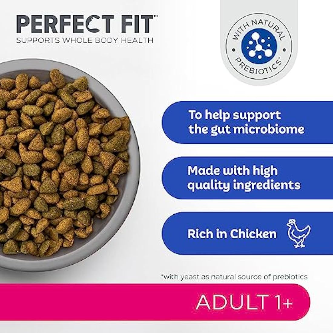 Perfect Fit Adult 1+ Complete Dry Cat Food for Adult Cats Aged 1+ Years, Rich in Chicken, 4 Bags (750 g)