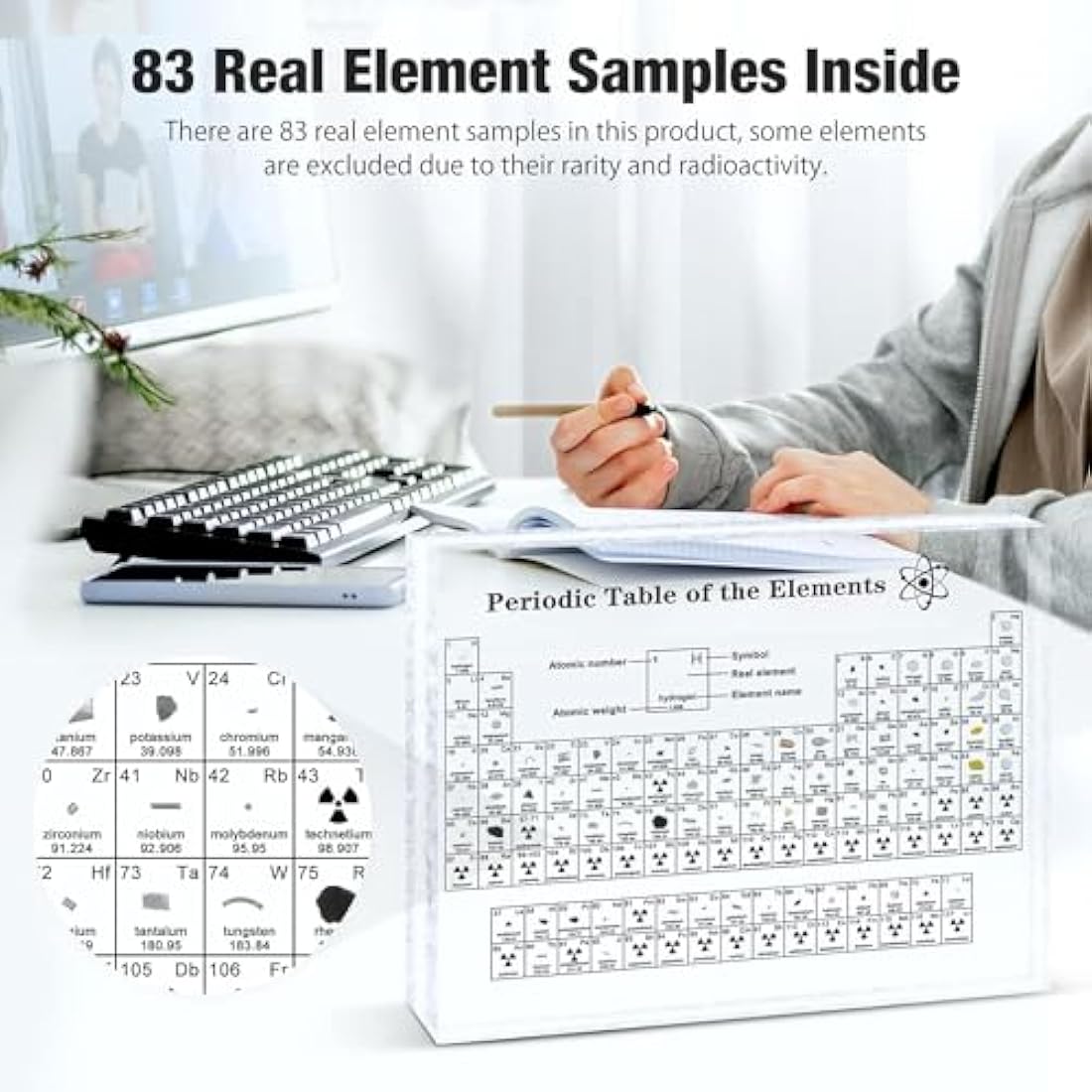 Large Periodic Table With Real Elements Inside - Acrylic Display With 83 Element Samples - Chemistry Gifts Crafts Decor for Kids Adults Teacher