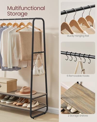 VASAGLE Clothes Rail, Clothes Rack with 2 Shelves, 6 S-Shaped Hooks, Steel Frame, for Bedroom, Turquoise Brown and Matte Black RGR112K01