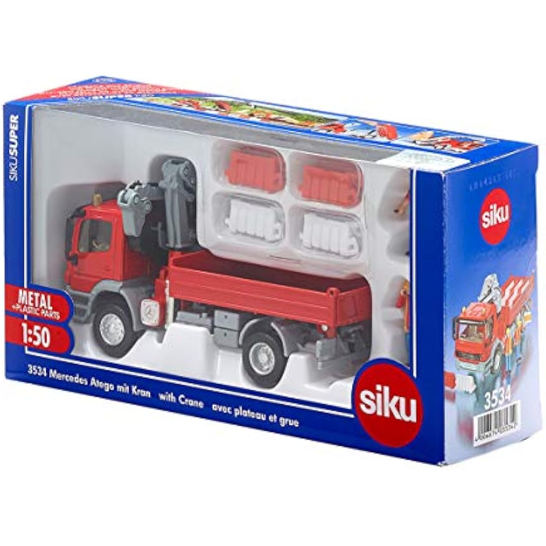 siku 3534, Lorry with Loading Area and Crane, 1:50, Metal,Plastic, Red, Incl. 2 toy figures and 12 traffic barriers
