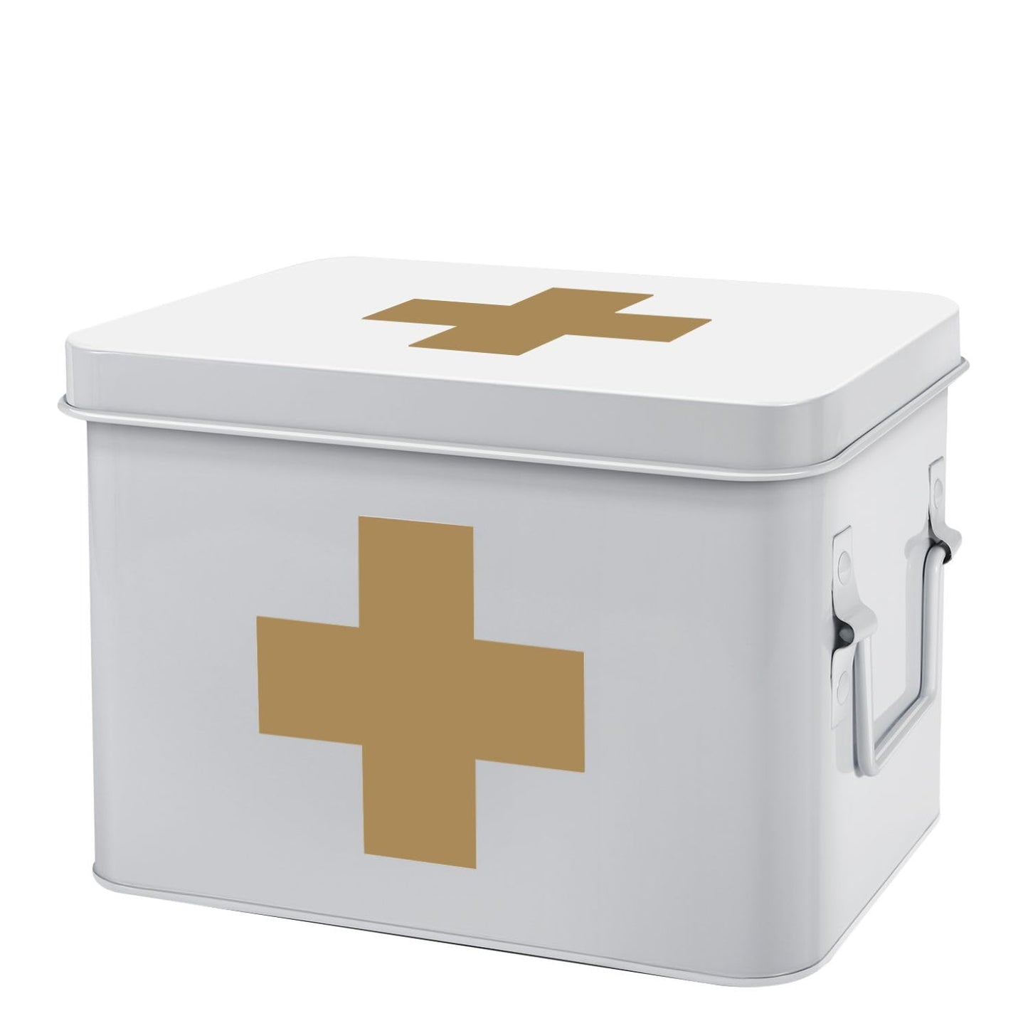 Flexzion First Aid Medicine Box Supplies Kit Organizer - Empty 8" White Metal Tin Medic Storage Bin Hard Case with Removable Tray Black Cross, Vintage