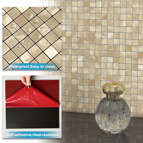 BeNice Stick on Splashback Tiles Self Adhesive Kitchen Wall 3D Sticky Metal Mosaic Stickers(10 Sheets,Champagne Gold)
