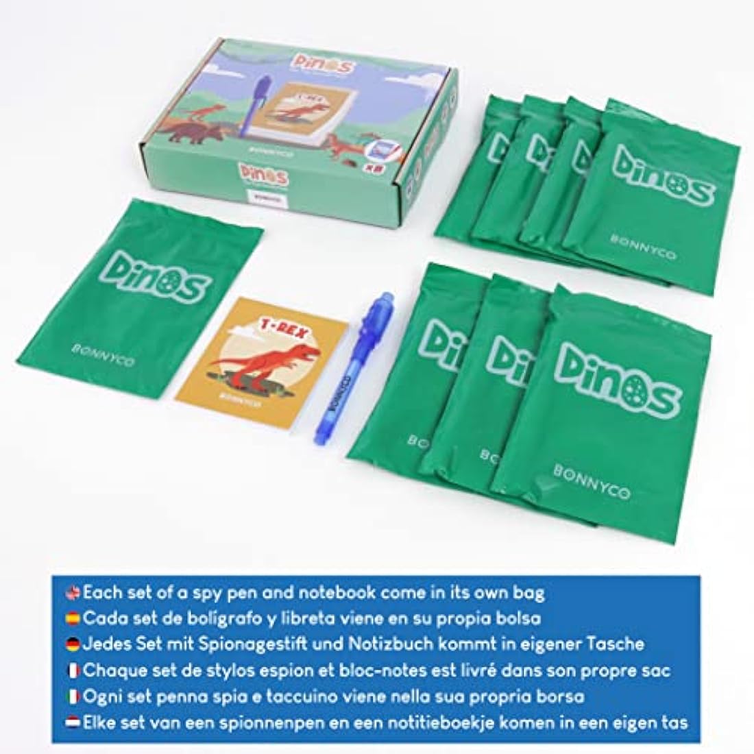 BONNYCO Invisible Ink Pen and Notebook, Pack 8 Dinos Party Bags Filler & Pinata Toys | Dinos Birthday Decorations | Stocking Fillers for Kids Birthday | School Prizes & Gifts for Children