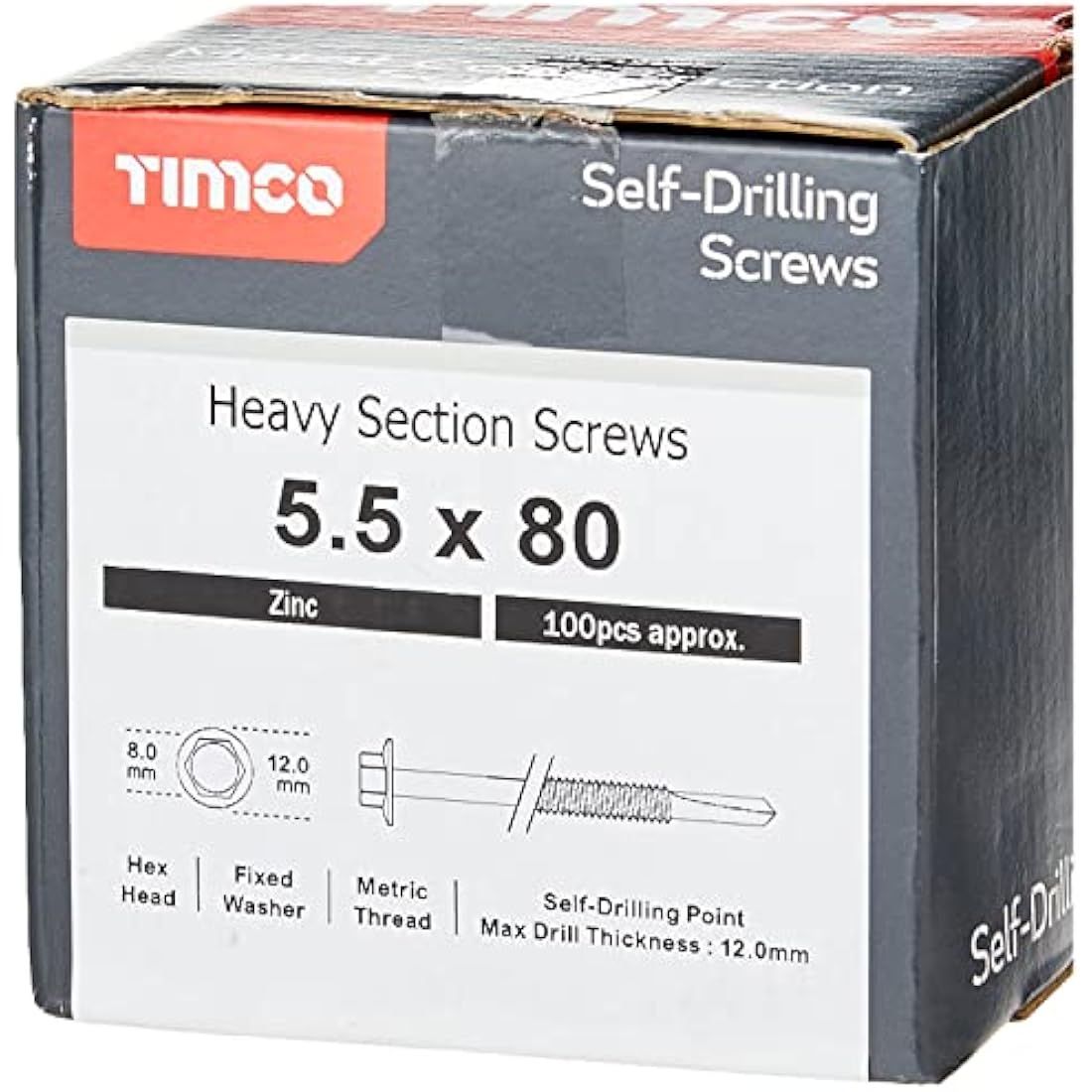 TIMCO Metal Construction Heavy Section Screws - 5.5 x 80mm - Hex - Self-Drilling - Zinc