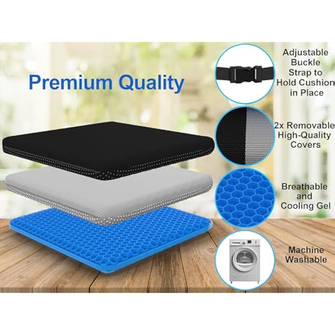 b.comfi® Gel Seat Cushion with 2 x Covers - Pressure Cushion for Coccyx Sciatica & Lower Back Pain Pressure Relief - Office Chair Memory Foam Alternative Wheelchair & Car Seat Cushion