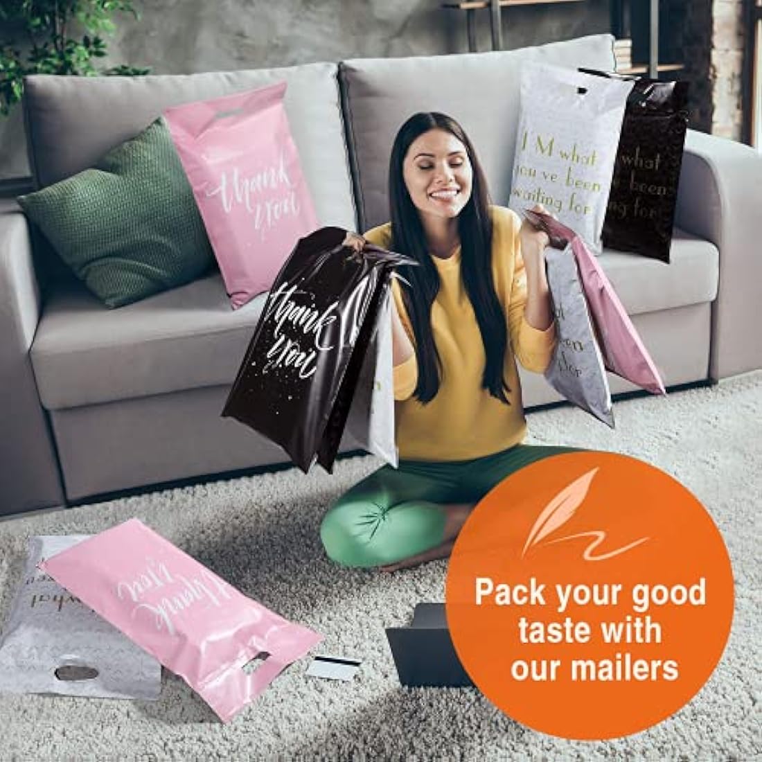 Switory 100Pcs Parcel Bags for Posting Clothes 305x394mm Postal Bags Shipping Bags with Handle Mailing Bags for Clothing Posting Bags with Self Adhesive 12X15.5 Package Bags Black - Thank You Design
