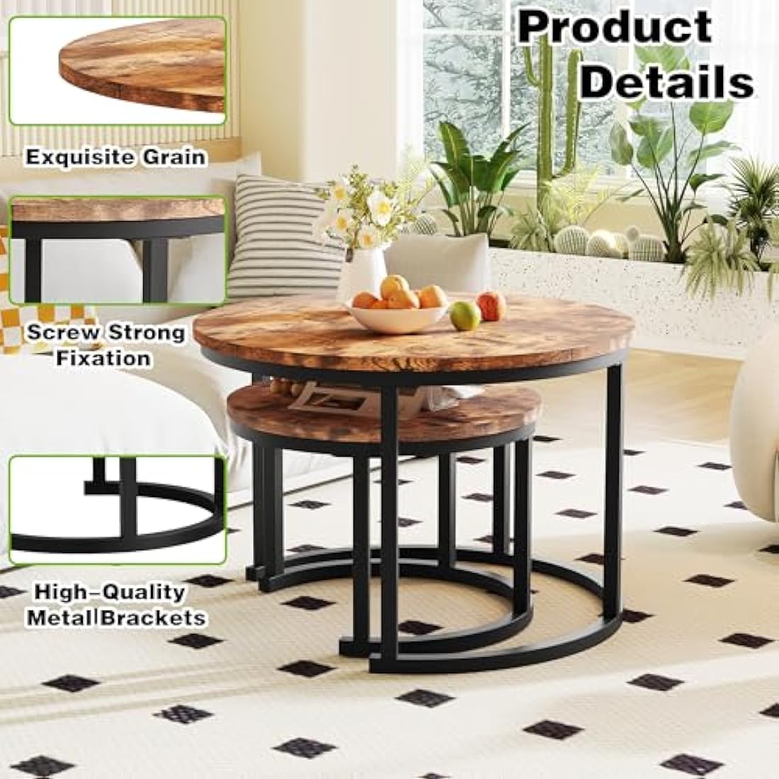 Round Nesting Coffee Table Modern Nesting Side Set of 2 End Table for Living Room,Round Wooden Accent Coffee Table with Solid Powder-Coated Metal Frame, Rustic Brown/Black
