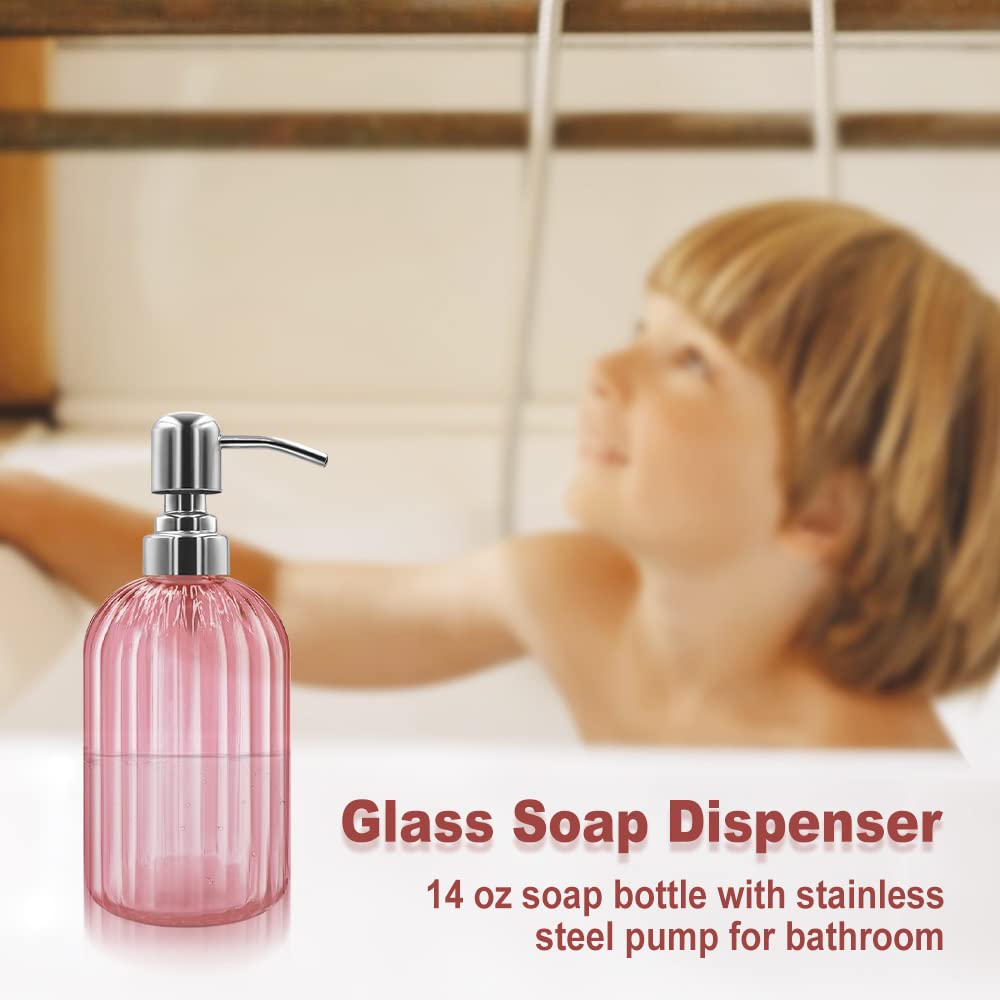 14 Oz Glass Soap Dispenser with 304 Rust Proof Stainless Steel Pump, Refillable Hand Liquid Soap Dispenser for Bathroom, Kitchen, Countertop