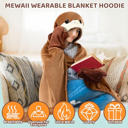Mewaii Oversized Wearable Blanket Hoodie Kawaii Otter Hooded Cloak, Soft Plush Flannel Blanket Hoodie, Unisex Cozy Blanket for Kids, Women,