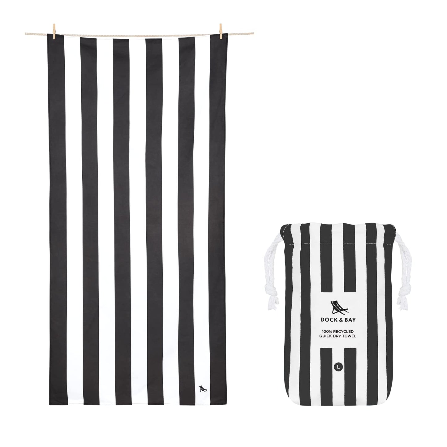 Dock & Bay Beach Towel - Quick Dry, Sand Free - Compact, Lightweight - 100% Recycled - Includes Bag - Cabana - Kamari Charcoal - Extra Large