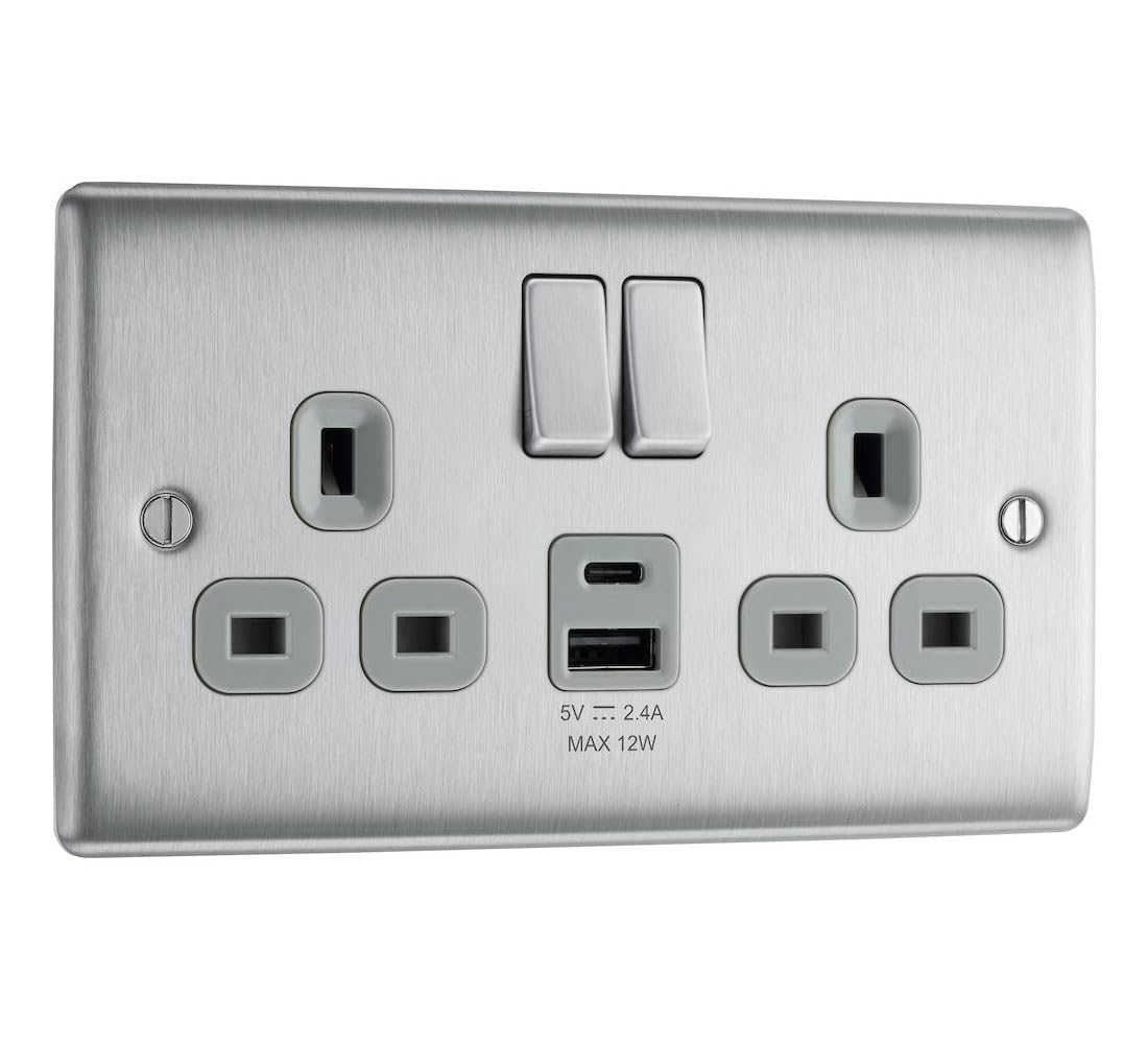 BG Electrical 12W Double Switched Power Wall Plug Socket with Type A and Type C USB Charging Ports, Nexus Metal, Brushed Steel, Grey Inserts, 13A,