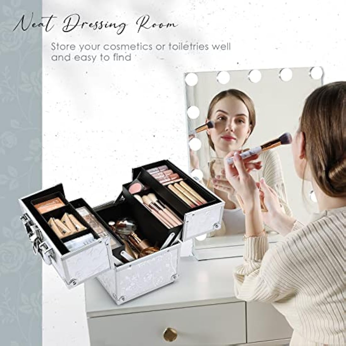 Professional Beauty Vanity Case Cosmetic Makeup Box Nail Polish Storage Beauty Train Case Lockable with Keys(Silver Rose)