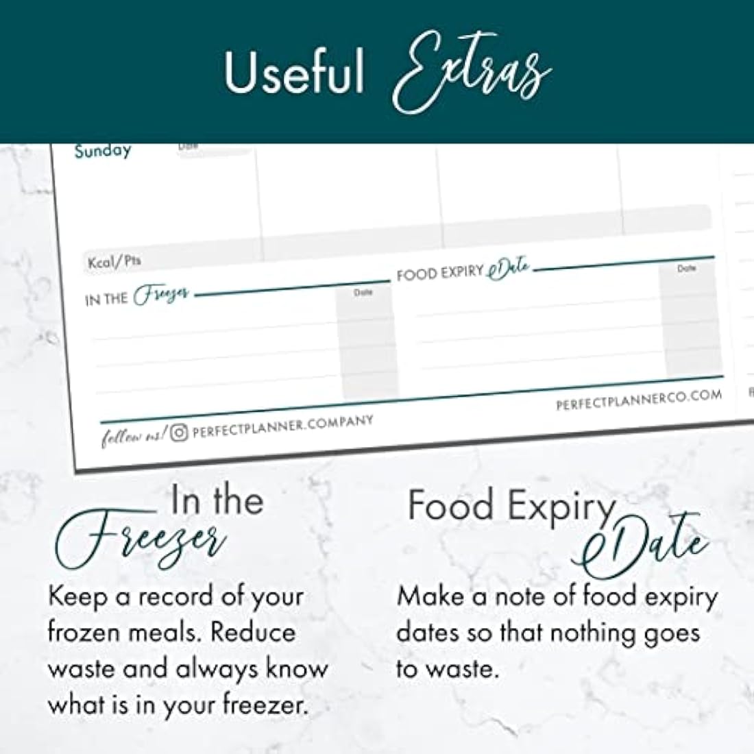 Perfect Planner Company - Magnetic Weekly Meal Planner Pad - A4 Tear Away Design - Perforated Shopping List - Calorie Tracker and Food Expiry Date - Teal - Portrait 50 Pages