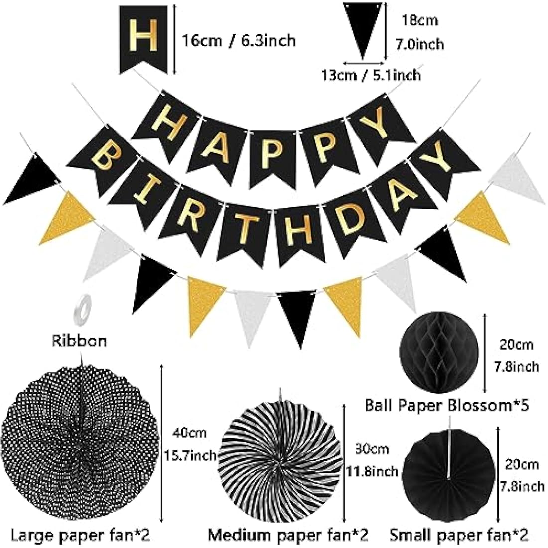 Black Gold Birthday Decorations Kit Reusable Mens Birthday Party Decorations Reusable Black & Gold Banner Bunting Honeycomb by Wonsta