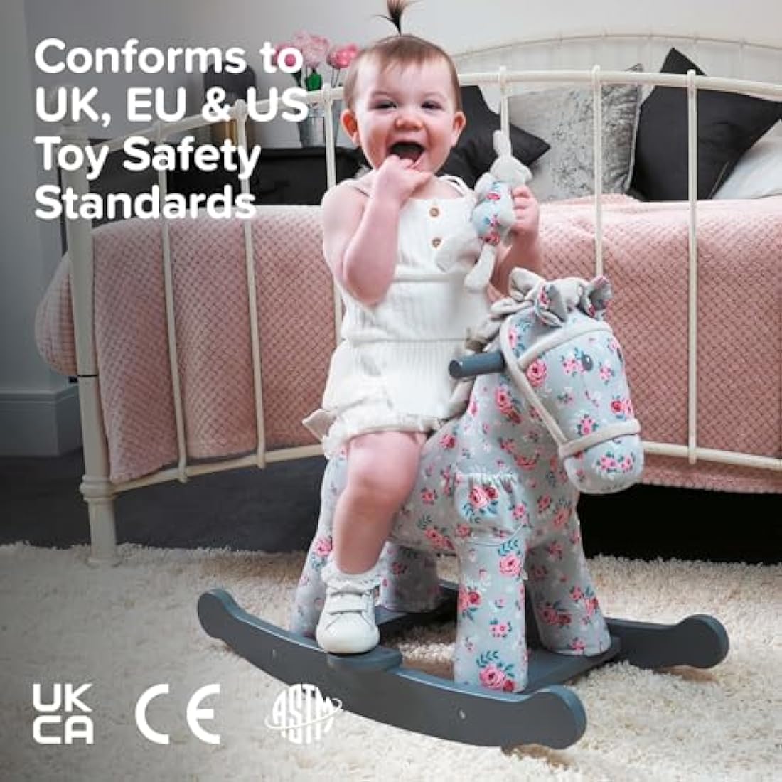 Little Bird Told Me - Lily & Rose Rocking Horse for Baby/Toddler 9+ Months Unisex - Grey & Pink Floral Printed Fabric, Solid Wooden Frame & Rockers, Removable Plush Toy - British Brand Since 2007