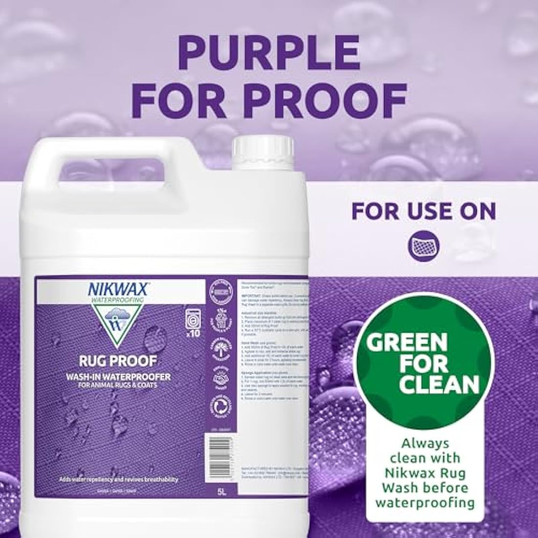Nikwax RUG PROOF Waterproofing for Horse Rugs & Animal Coats – Adds Durable Water Repellency & Maintains Breathability – PFAS-free, Eco-Friendly & Easy Wash-In Application - 5 Litre