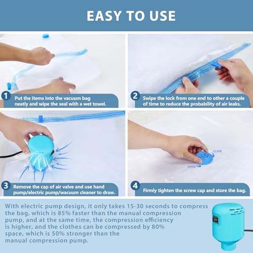 Kissleaf Vacuum Storage Bags 15-Pack Vacuum Bags with Electric Pump 30 Seconds Fast Compression Durable Dustproof Waterproof Vaccine Storage Bags