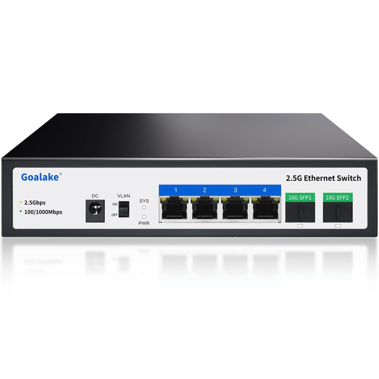 Goalake Umanaged 4 Port 2.5G Switch, 4 x 2.5G Base-T Ports, 2 x 10G SFP+, 60Gbps Switching Capacity, Metal, Fanless, 2.5G Multi-Gigabit Desktop Switch