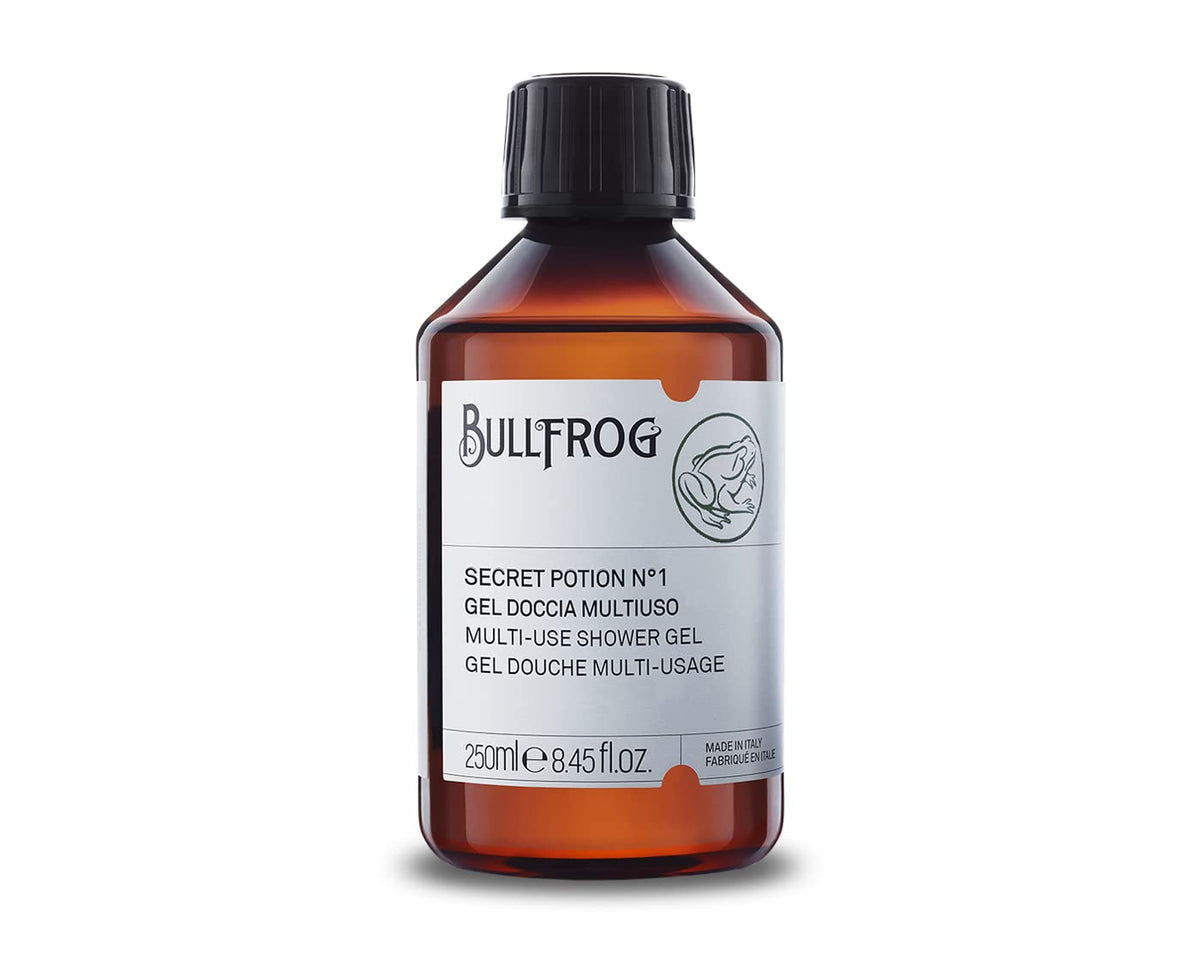 Bullfrog - Secret Potion No.1 Multi-Purpose Shower Gel: Body, Face & Hair Cleanser, 92.3% Natural, Woody Amber Fragrance, Versatile & Revitalising,