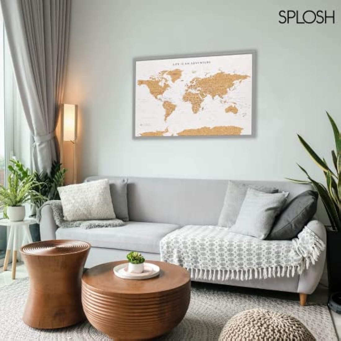 Splosh Large Maps. World Map Pin Board in Grey, Wooden Frame. World Map Cork Board with 100 Pins in 2 Colours to Mark Your Past and Future Adventures. Framed World Maps for Wall. (Grey)