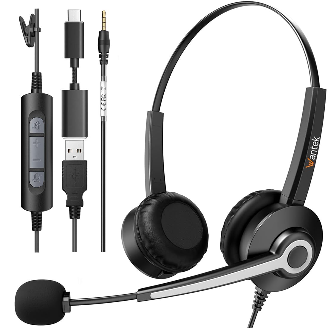 Wantek USB Headsets with Microphone,3.3m Length Noise Cancelling Headset Stereo Headphone for PC,Laptop USB/Type-C/3.5mm