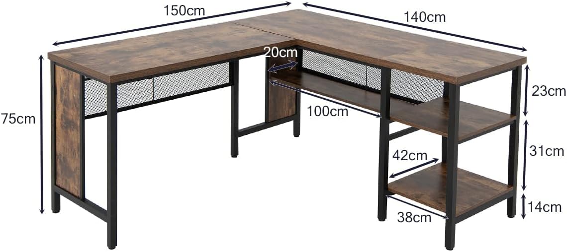 150 x 140 x 75cm Large Corner L-Shaped Computer Desk with 3 Storage Shelves-Oak