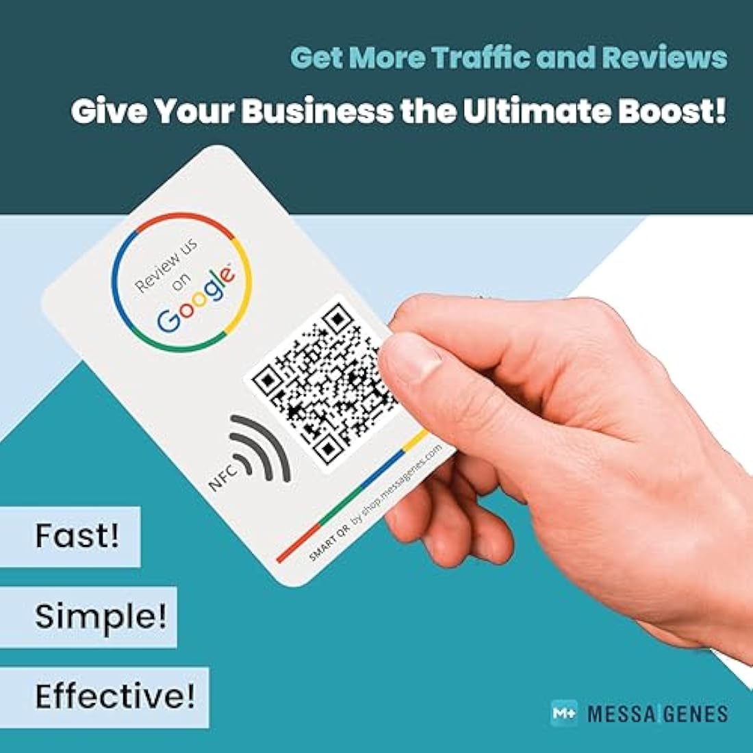 Reusable Review Tap Card for Google Reviews and Menu or Website- 2-Cards Pack - QR & Tap NFC Review + QR INFO Card - Review Us on Google Tap Card - iPhone & Android - Set Up at Home | by MESSAGENES