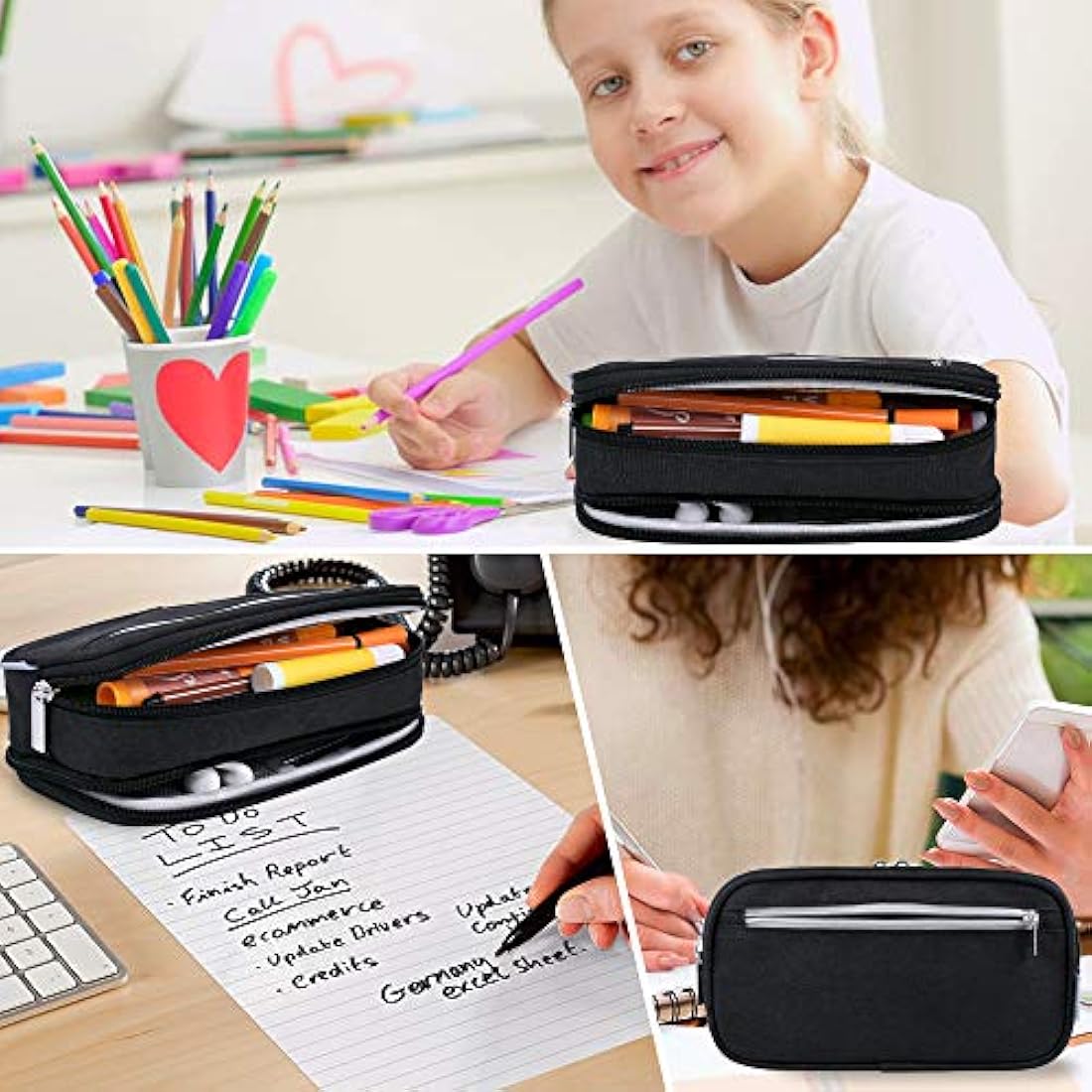 YONZONE Pencil Case Large Capacity Pencil Cases Big Pencil Bag Pen Pouch Holder for Boys Girls Teenage, 3 Compartments Stationery Office School Supplies High Storage Organiser Makeup Bag Adult, Black