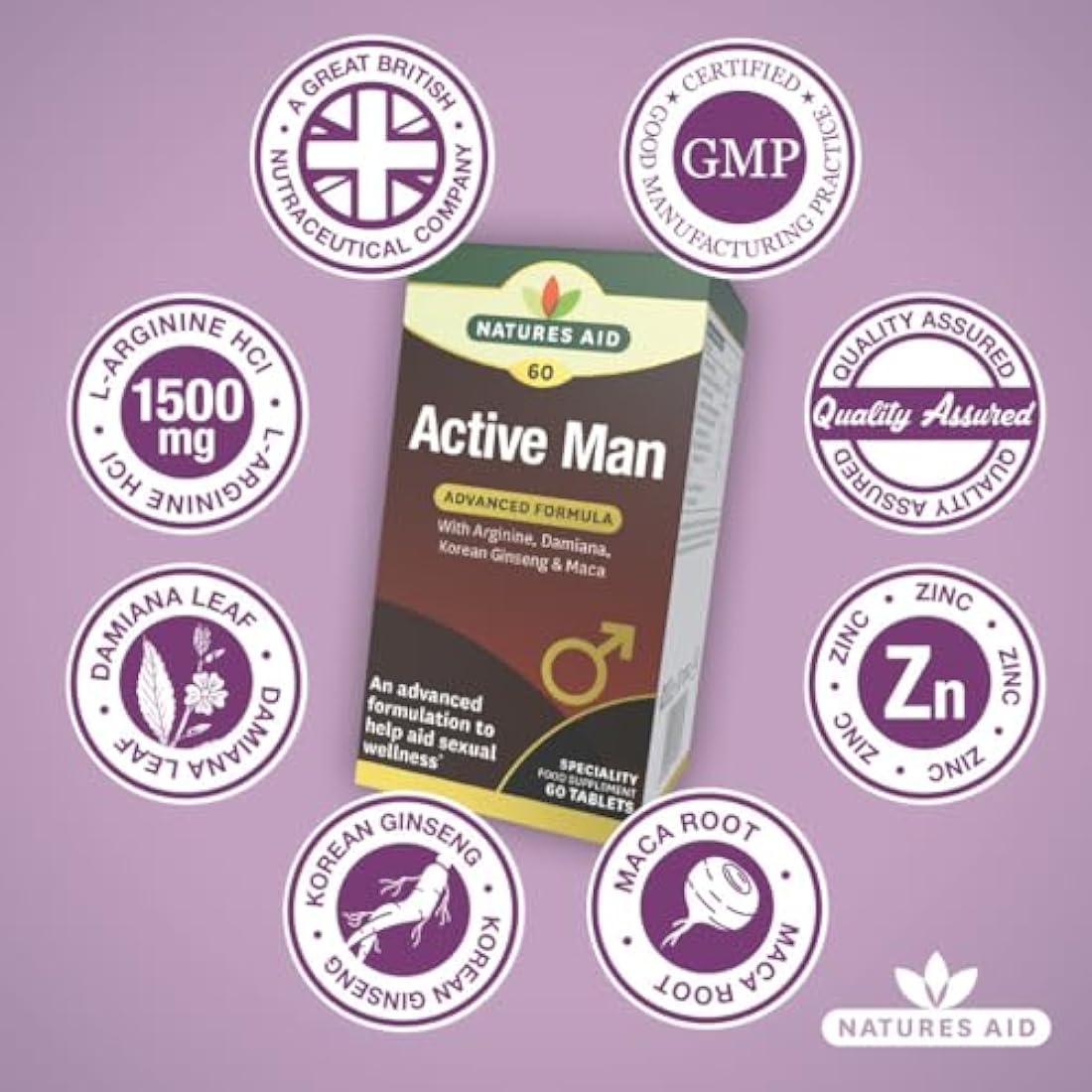 Natures Aid Active Man Tablets - High Strength Supplement with Zinc Maca Ginseng and Damiana - Supports Men’s Health Energy Vitality Immunity and Performance - Vegan Gluten Free Non-GMO - 60 Tablets